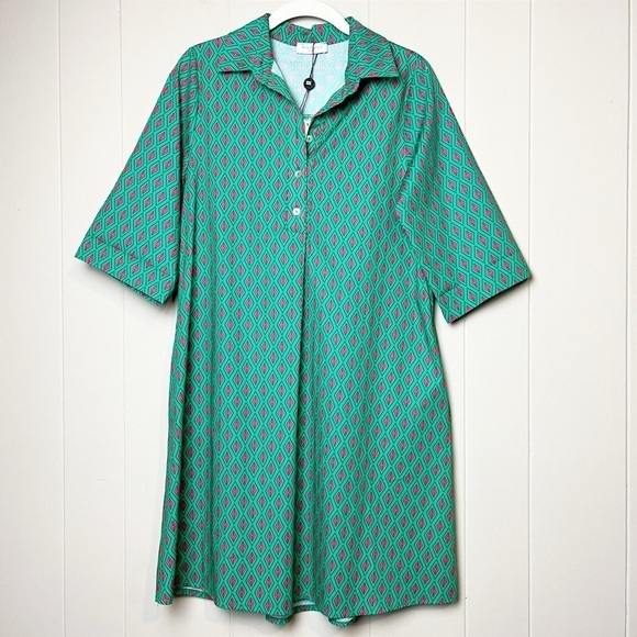 Margot Paris NWT Popover Dress Small 100% cotton green geometric print mod boxy - Picture 11 of 11